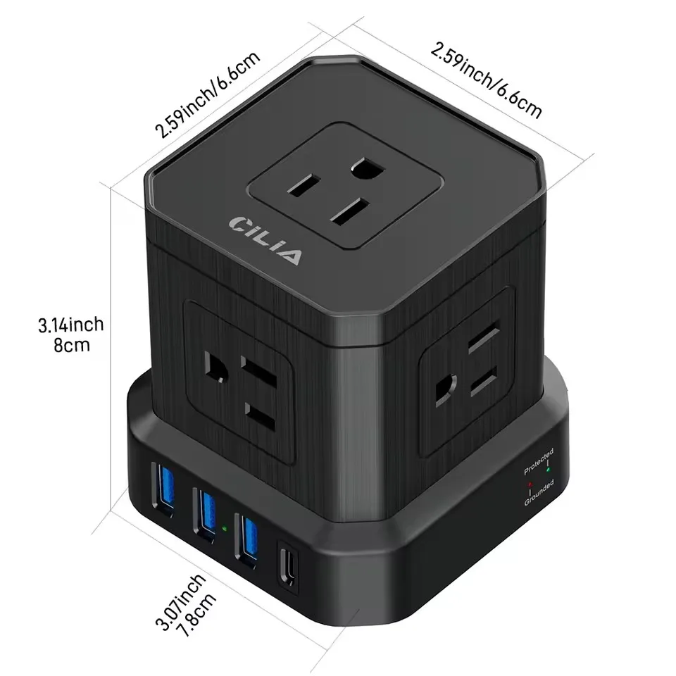Multipurpose Charging Station - US Standard, 5 AC Outlets, 3 USB Ports, 1 USB-C Port, 1.5m Cord, Tower Design for Home/Office