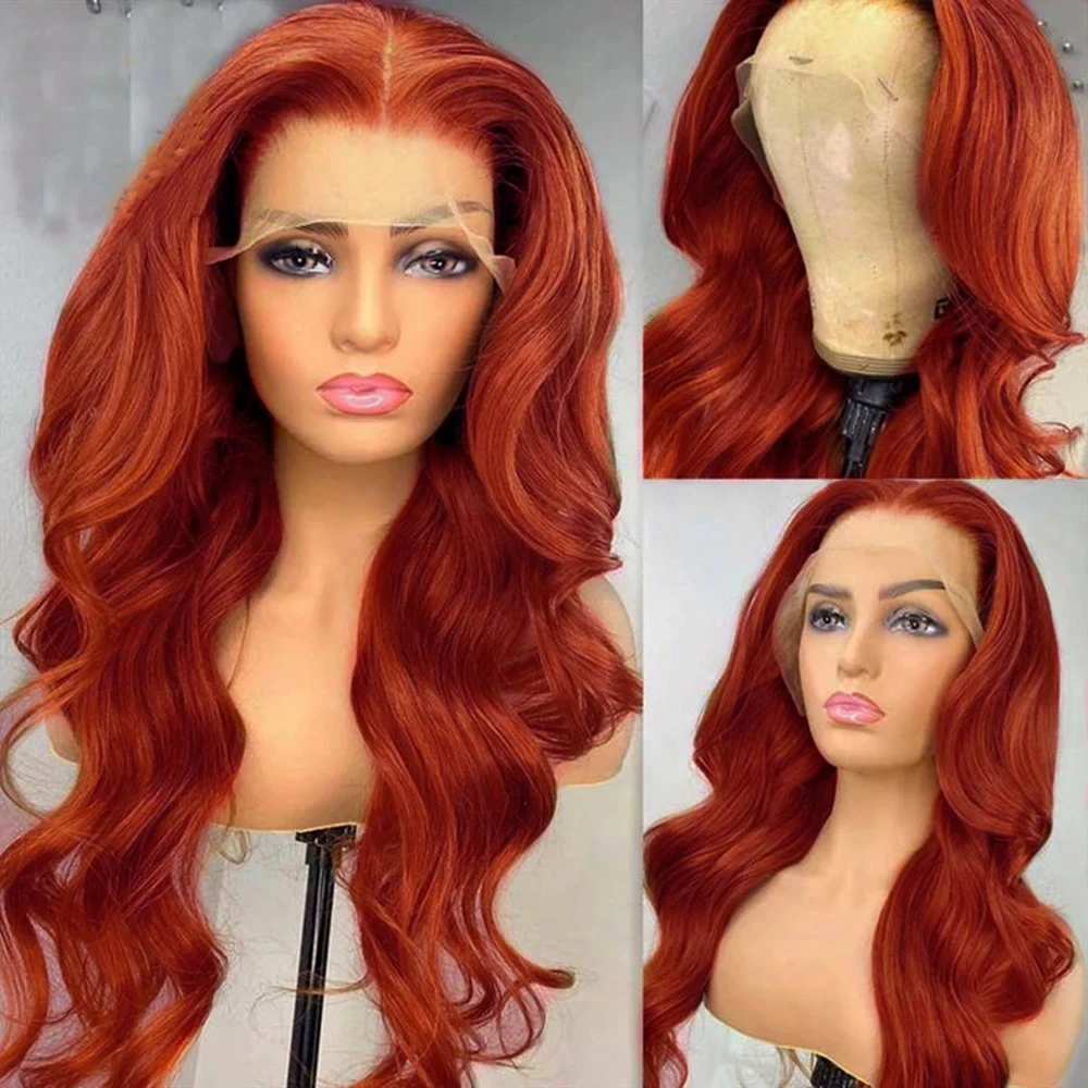 MXWIGS Body Wave imbirowa miedziana czerwona syntetyczna koronka peruki z wolna część naturalną linią włosów długie faliste peruki do codziennego