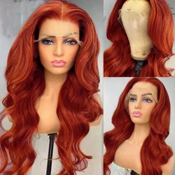 MXWIGS Body Wave imbirowa miedziana czerwona syntetyczna koronka peruki z wolna część naturalną linią włosów długie faliste peruki do codziennego użytku