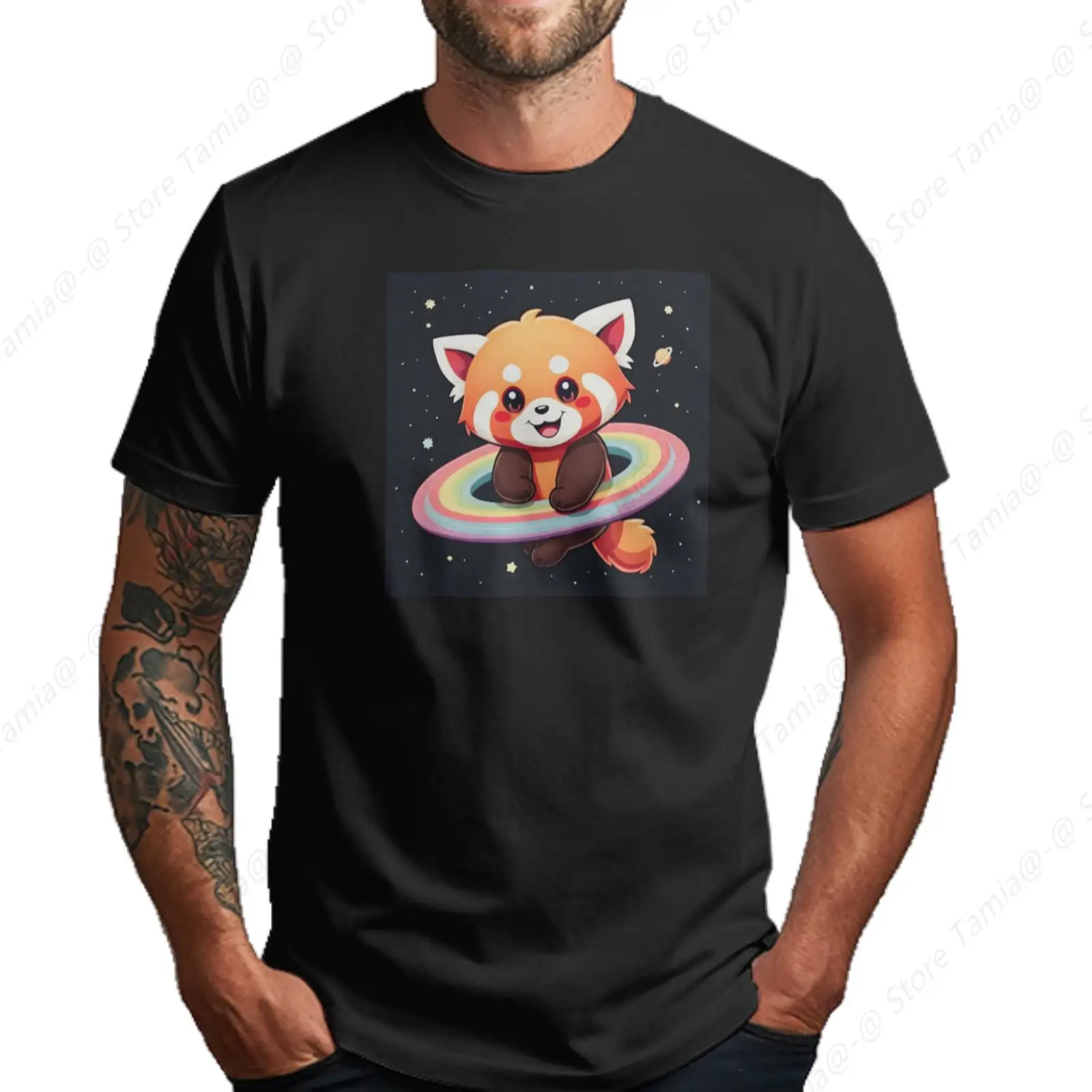 Red Panda Hula Hoop Graphic Black T-Shirt Men's 140g Round Neck Short Sleeve