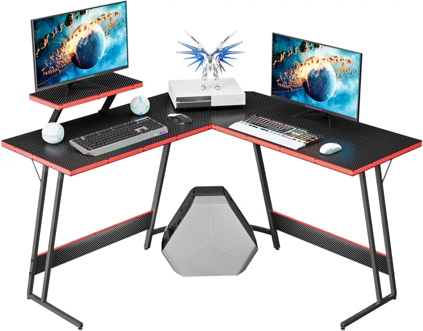 L Shaped Gaming Desk Computer Corner Desk PC Gaming Desk Table with Monitor Riser Stand for Home Office Writing (Black, 47 Inch)