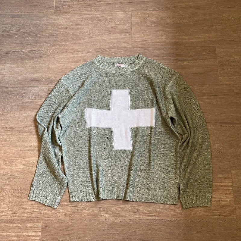 Japan KAPITAL cross broken holes round neck knit sweater fall and winter lazy retro set of loose head long-sleeved sweater