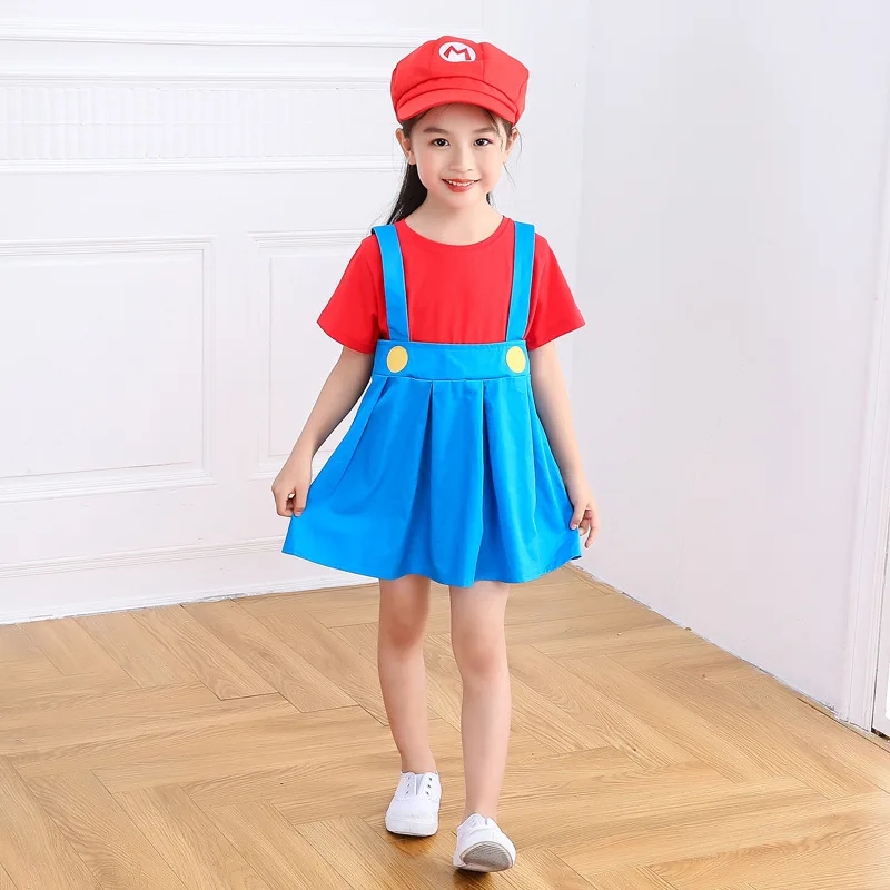 Super Marios Bros Cosplay Costumes with Suit Anime Figure Wario Boys and Girls Children's Summer Short Sleeved Shorts Dress Set