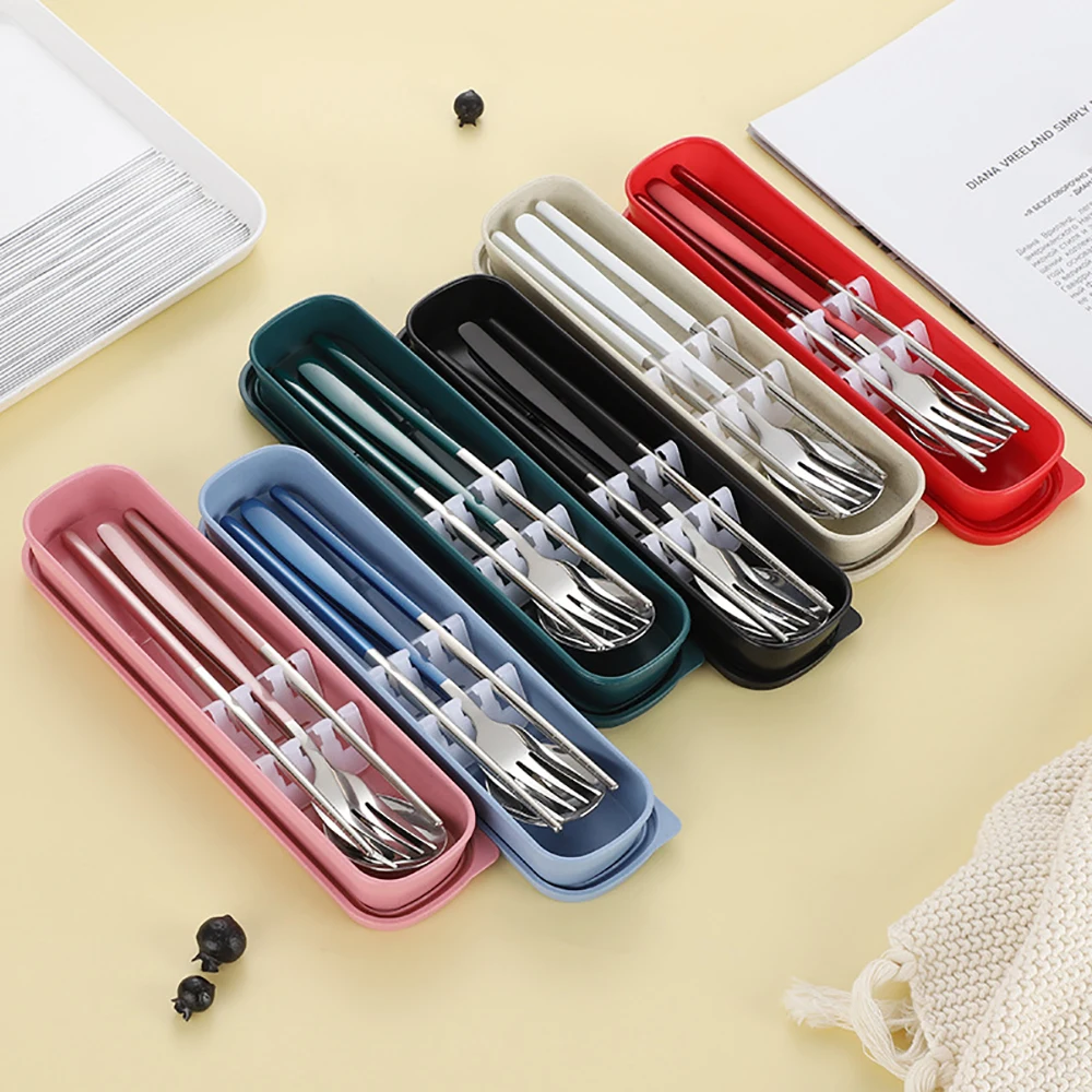 3Pcs Mirror Stainless Steel Portable Cutlery Set Student Outdoor Korean Spoon Fork and Chopsticks Storage Box Gift Tableware Set