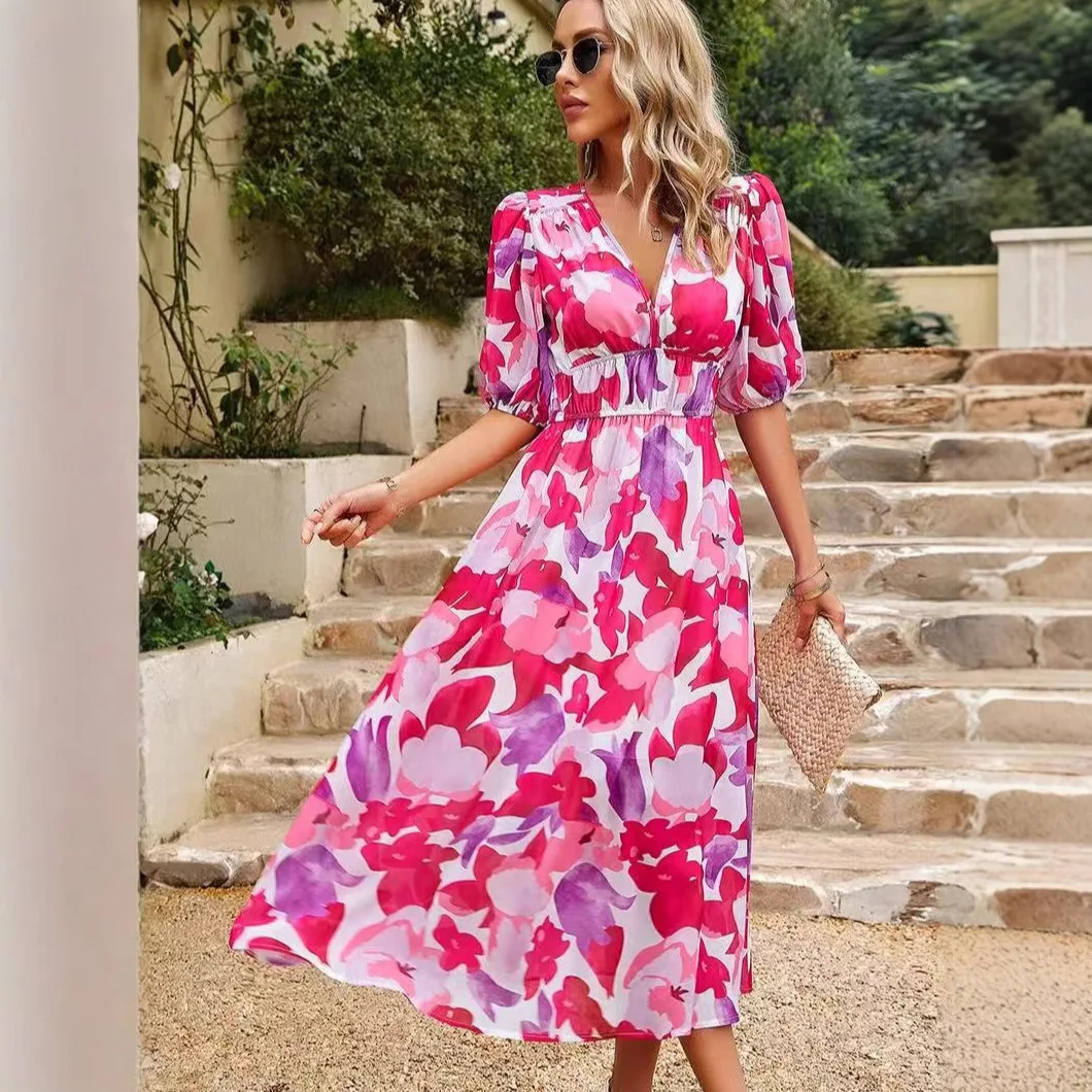 Elegantes Midikleid mit Blumendruck und V-Ausschnitt für Damen, modisches Ärmelkleid, Bohemian-Stil, Sommer, lässig, Urlaub, langes Kleid, Damen-Streetwear