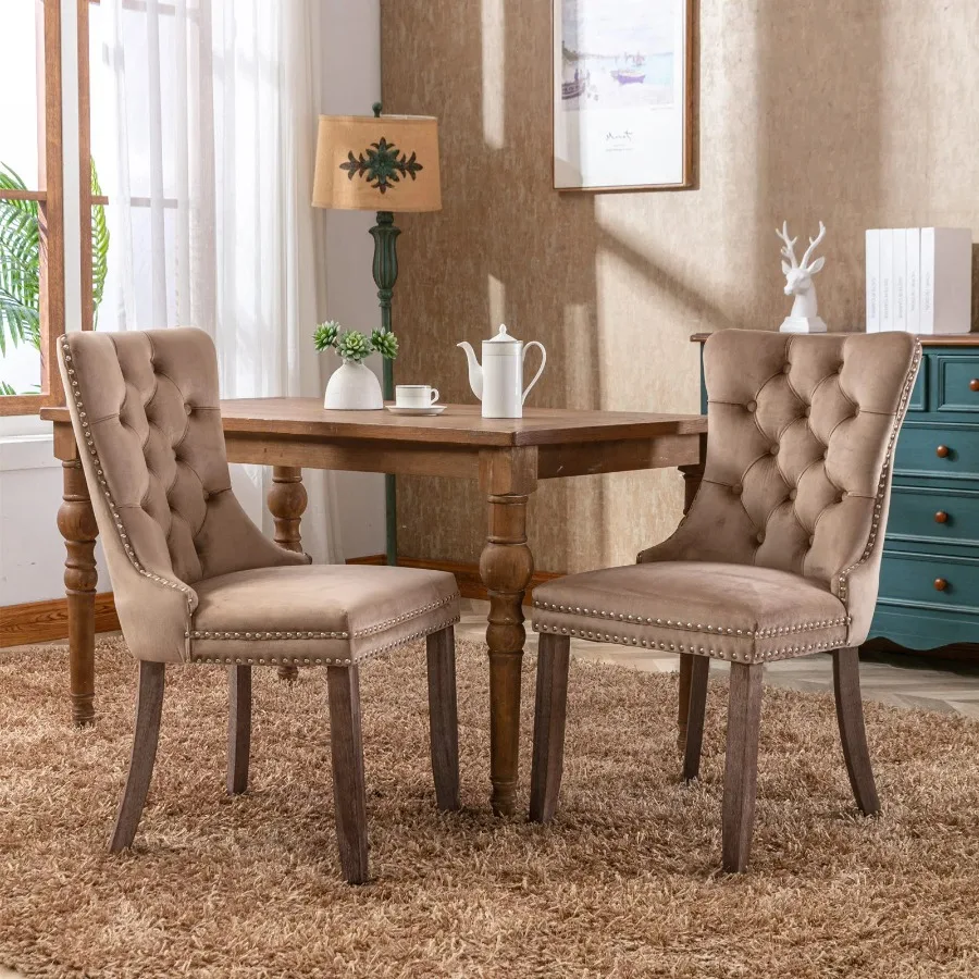 Modern High-end Tufted Solid Wood Contemporary Velvet Upholstered Dining Chair with Wood Legs Nailhead Trim 2-Pcs Set