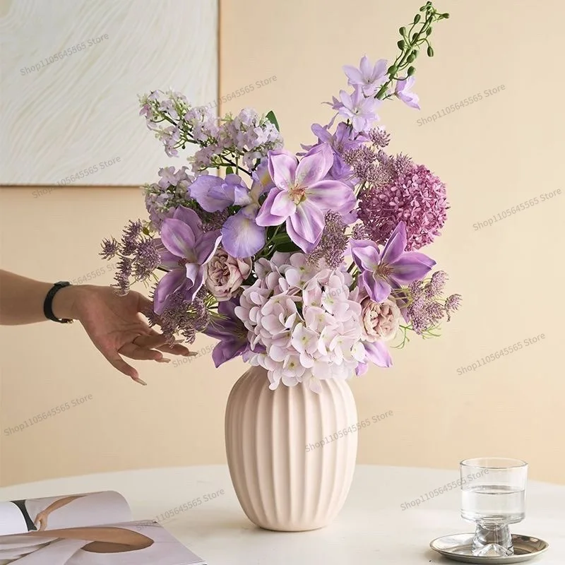 For French light luxury relief cream wind ceramic vase home ornament living room flower arrangement