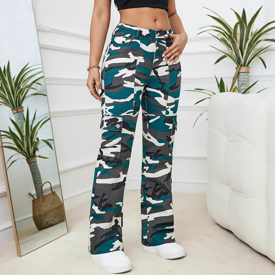 อเมริกันRetro Camouflageกางเกงฤดูใบไม้ร่วงHigh Street Hip Hopเสื้อผ้าผู้หญิงCamouflageเครื่องมือDenim Casualกางเกง 2025 ใหม่Sprin