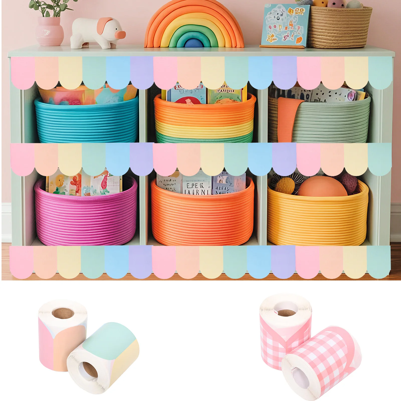 2 Roll 69/65.6 Ft Pastel Bulletin Board Trim Colorful or Pink Plaid Scalloped Border Trim Roll Bulletin Board Decoration Pastel