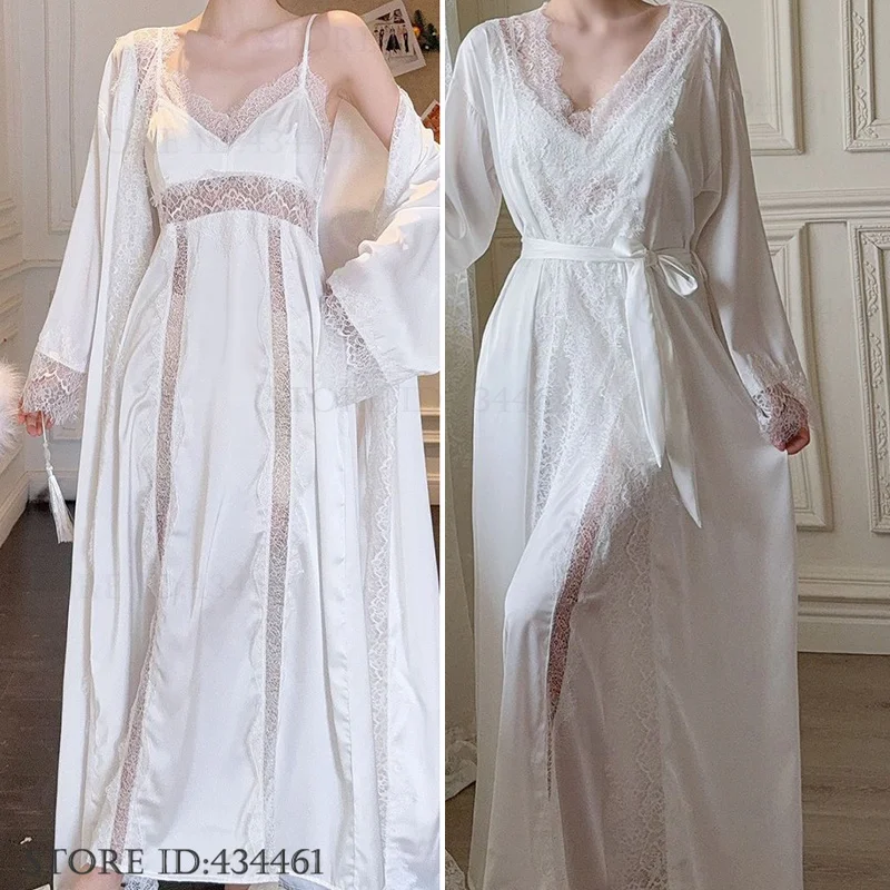 

Women Long Twinset Robe Set Sexy Lace Trim Wedding Bathrobe Kimono Gown Sleepwear Elegant Ice Silk Nightgown Loungewear Homewear