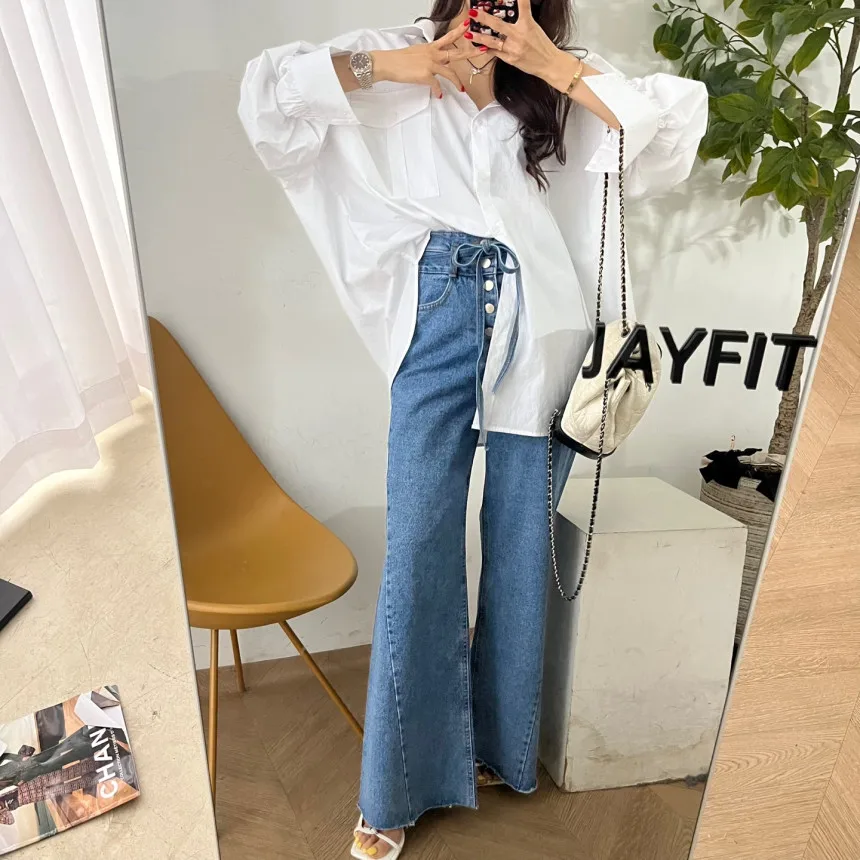 High Waist Wide Leg Denim Jeans Belted Two-Piece Cut Casual High Waist Long Pants Cotton 100% Non-Stretch Washed Finish
