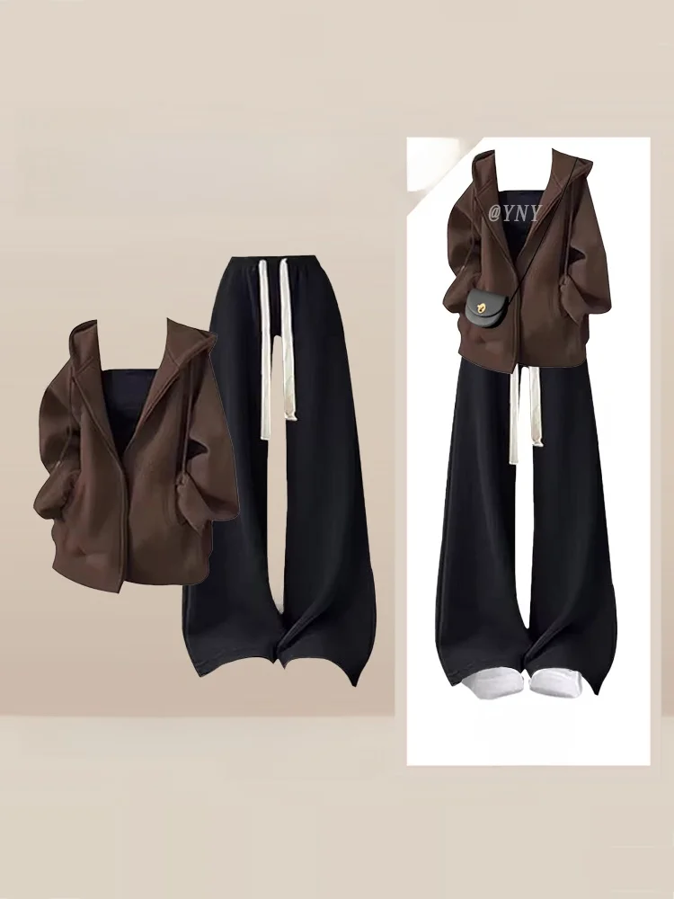 

Свободная толстовка на молнии с капюшоном Lazy Sle, многослойная майка, женские осенне-зимние повседневные брюки на шнуровке, комплект с высокой талией