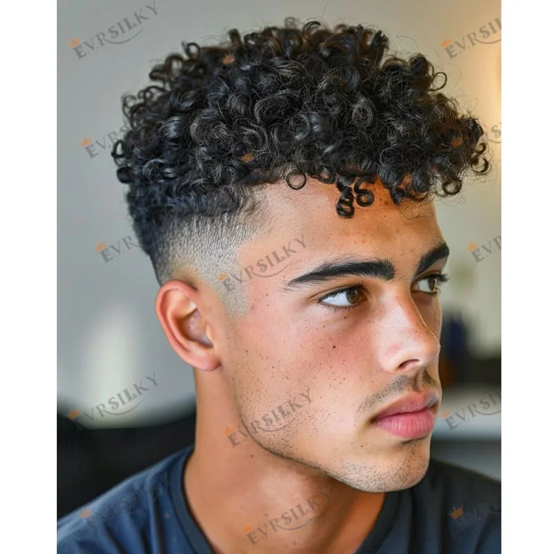 Super ทนทานเส้นผมธรรมชาติ Fine Mono ฐานผู้ชาย Toupee Black Man 15mm Curly Prosthesis Capillary 100% มนุษย์ผมวิกผมชายหน่วย