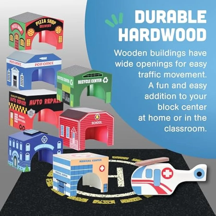 Jouets constructifs blocs en bois bâtiments communautaires et hélicoptère bois dur durable âgés de 3 ans et jouets pour tout-petits plus âgés I