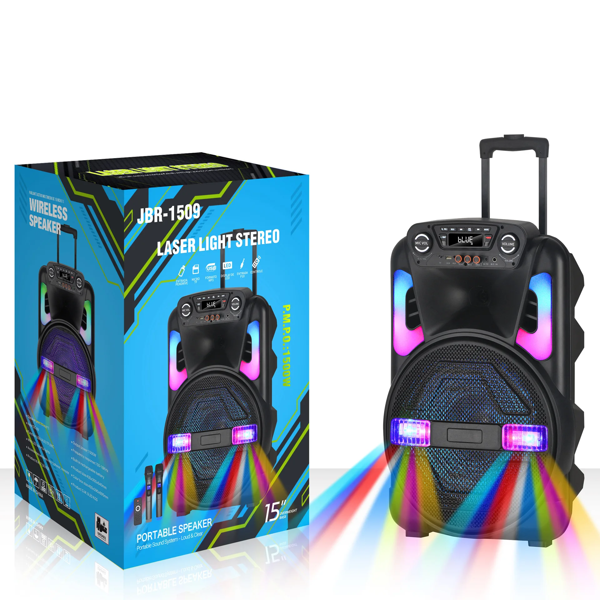 1509 15-Inch Portable Wireless DJ Speaker with RGB LED Lighting Microphone Battery-Powered Stage for Outdoor Square Dance