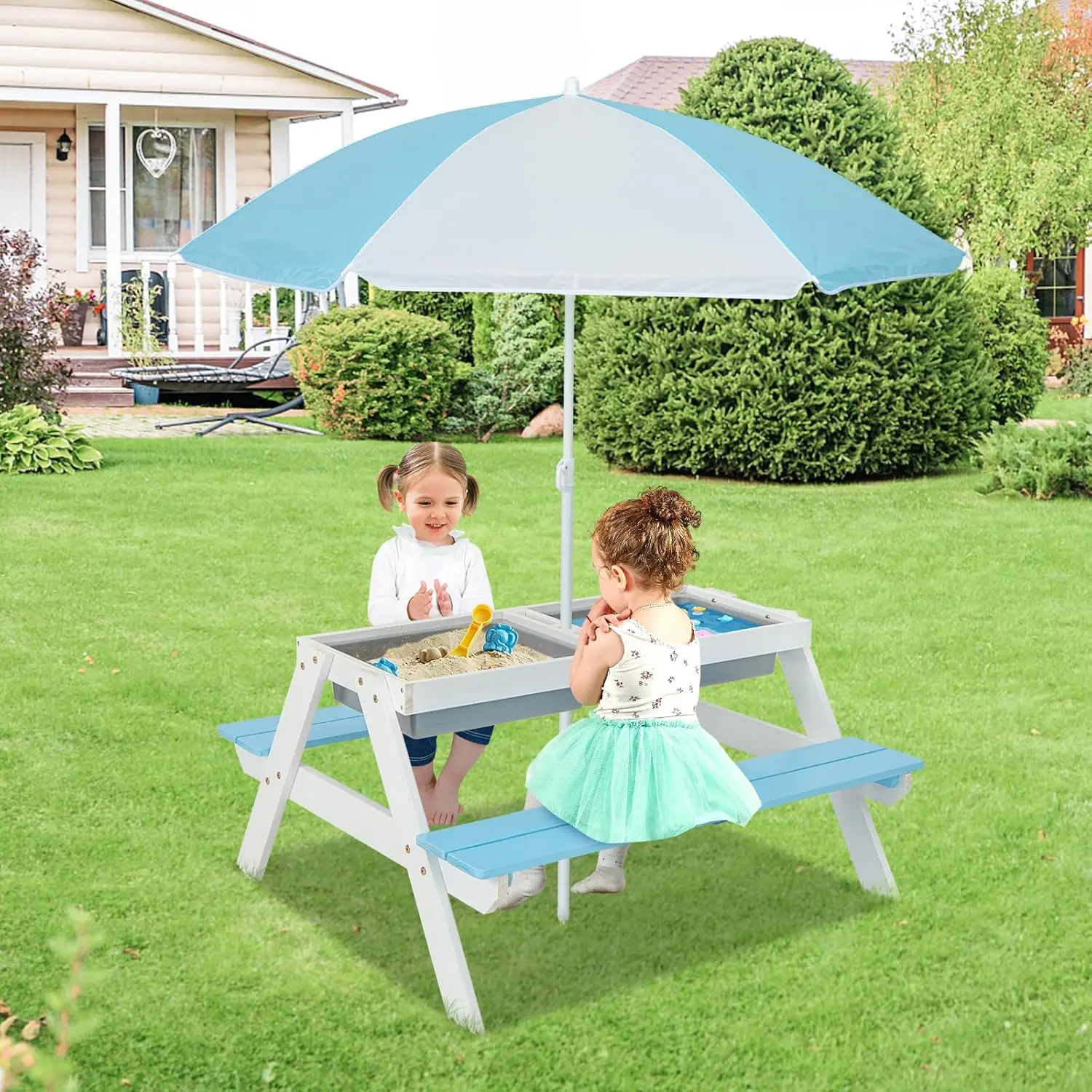 Mesa de Picnic 4 en 1 para niños pequeños, juego de mesa y silla de madera para agua y arena, con paraguas extraíble, actividades para niños Furni