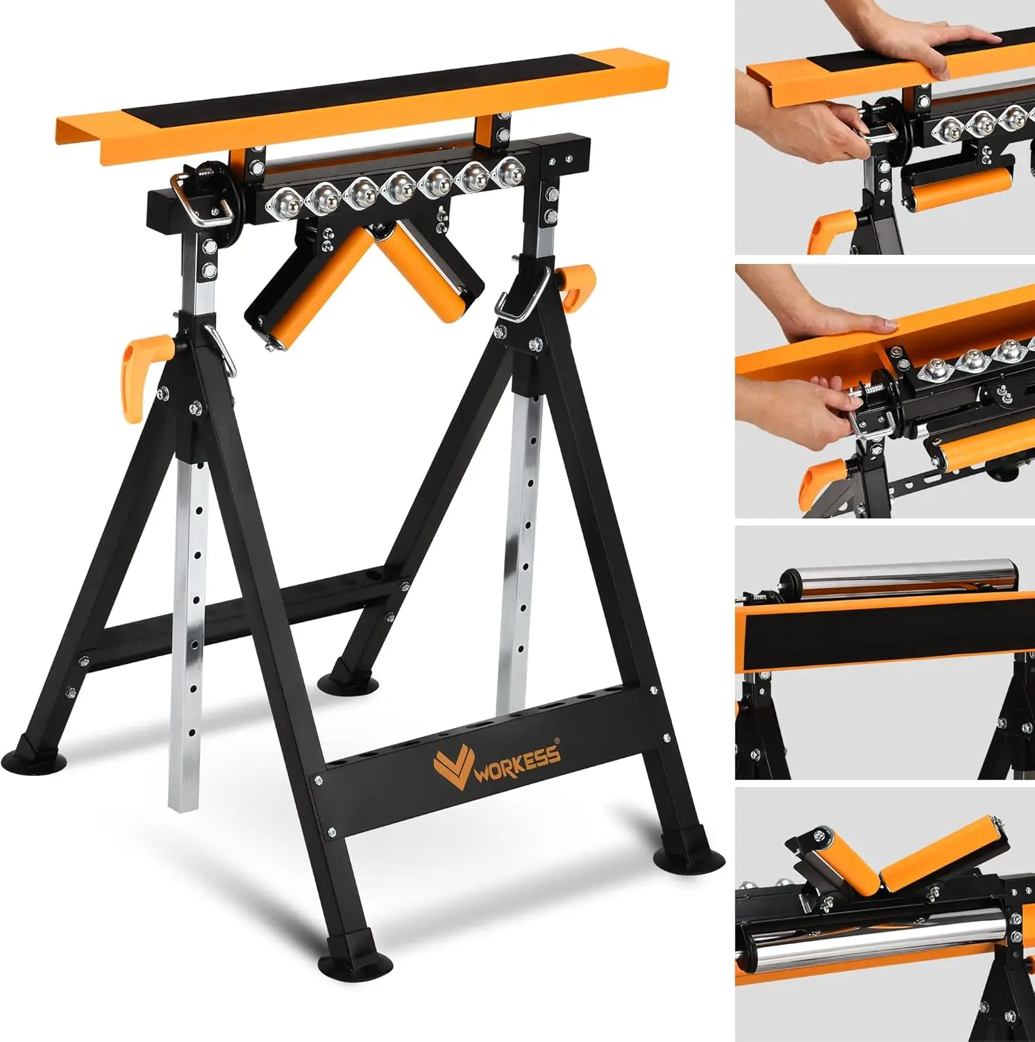 

4 in 1 Roller Stand with Saw Horses, 440 Lbs Capacity, V-Shaped & Multi-Directional Rollers, Adjustable Height 33"-50" for
