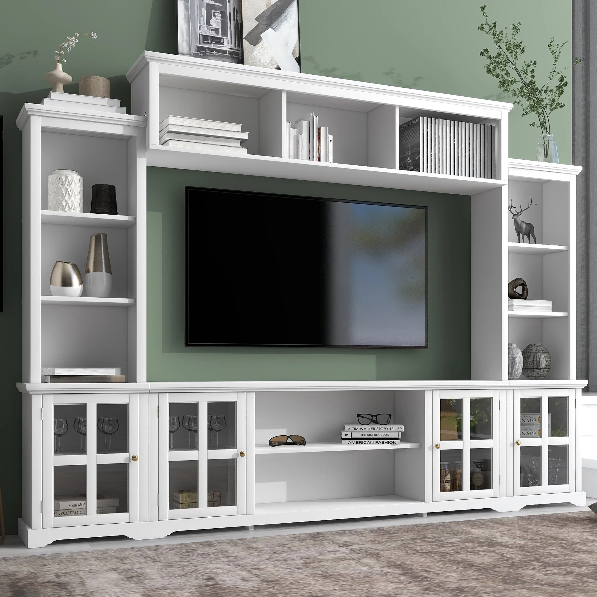 

Minimalism Style Entertainment Wall Unit with Bridge Modern TV Cabinet Console Table for TVs Up to 70" Multifunctional TV Stand