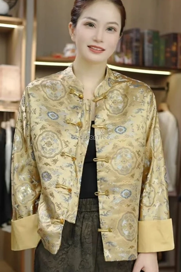 

Новинка 2025, китайский улучшенный стиль, жаккардовое пальто ханьфу династии песен, воротник-стойка, модный костюм Cheongsam на пуговицах, элегантное пальто t1