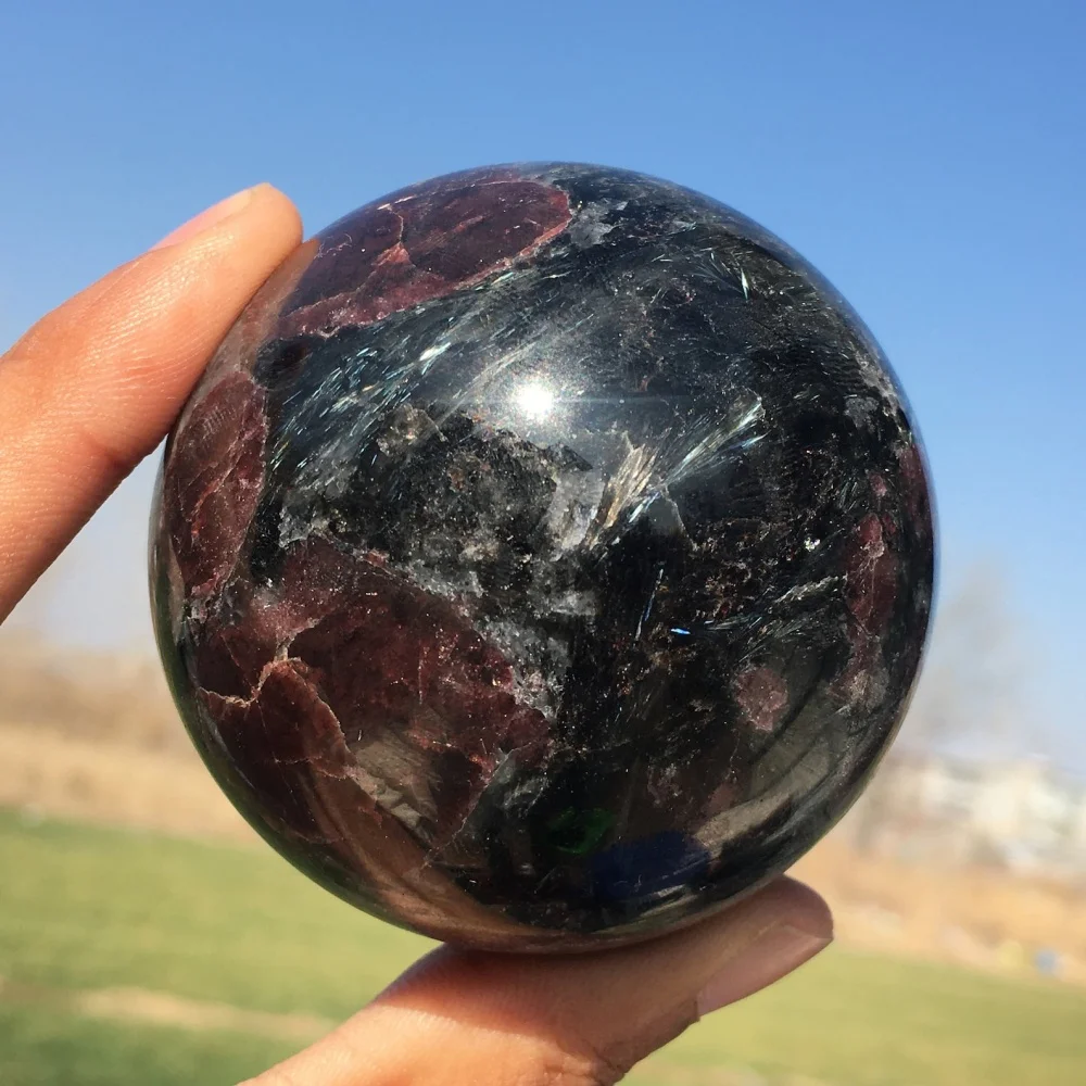 Natural Polished Garnet Astrophyllite Sphere Crystal Ball Energy Healing Reiki Stone Home Office Decor Witchcraft Meditation