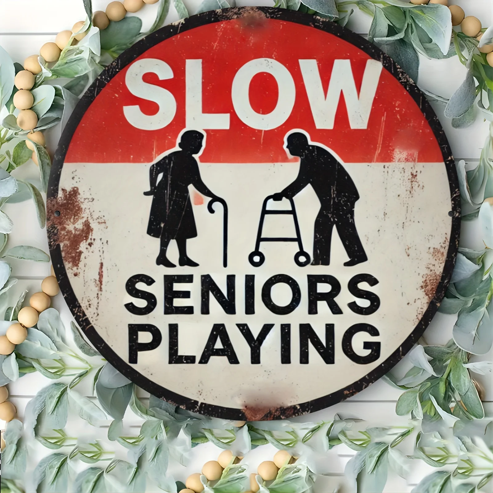 Vintage Elderly Silhouette Warning Sign Grunge Porch Decor 2D 7.87x7.87 Inch Metal Tin Sign / Iron Plaque