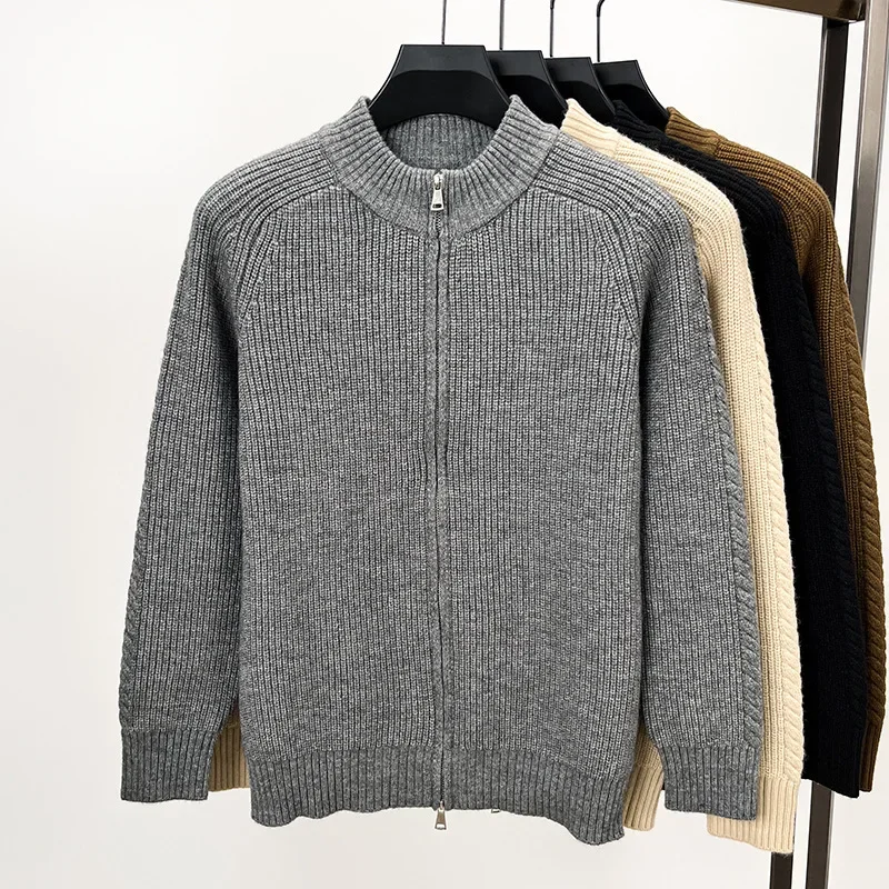 

High End Brand Men's Knitted Cardigan Autumn New Fashion Solid Color Long Sleeved Trend Semi High Neck Breathable Men's clothing