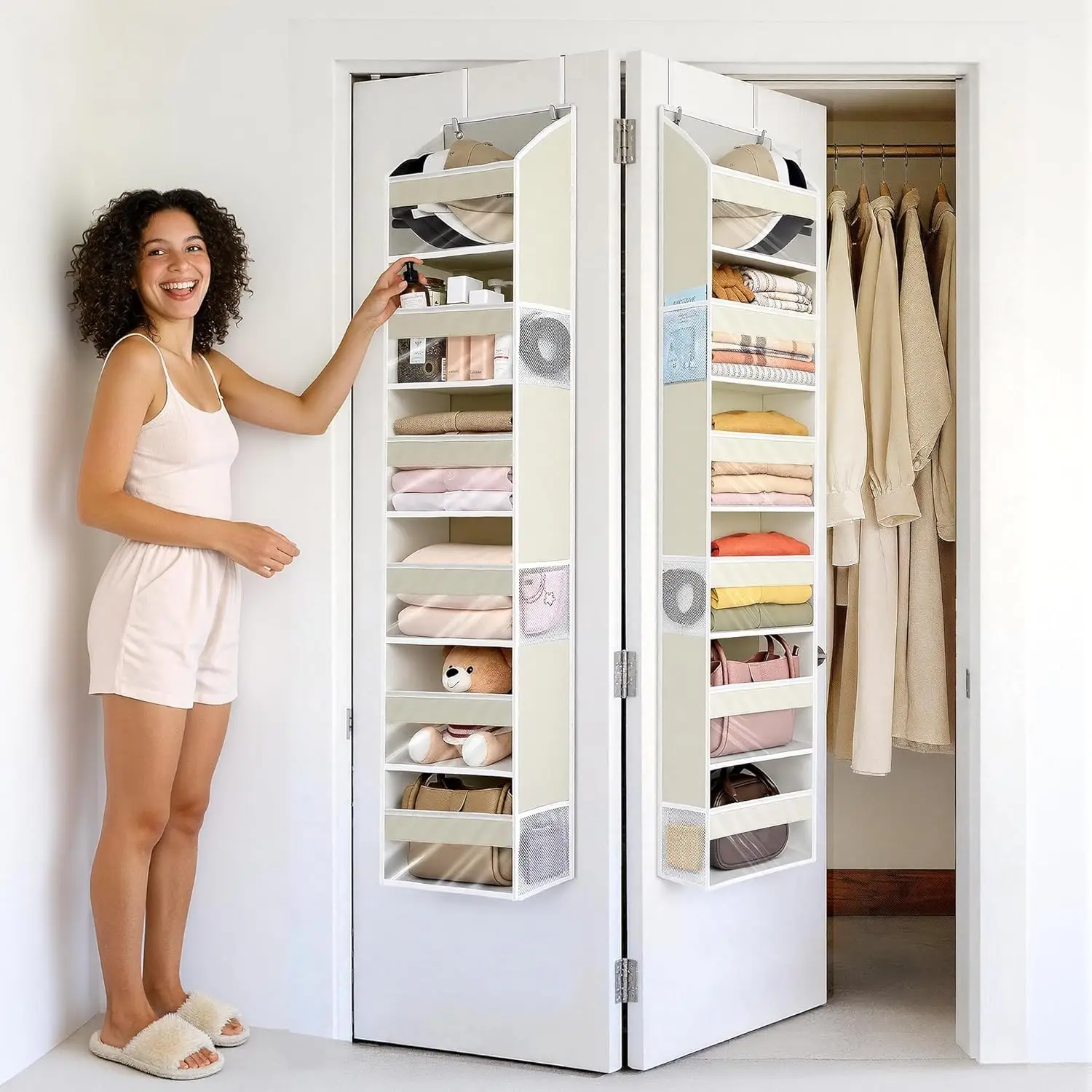 

Ultra Slim Over the Door Hanging Organizer, 6 Clear Pockets and 6 Mesh Pockets, 11.8” Wide for Narrow Cabinet Doors, Pa