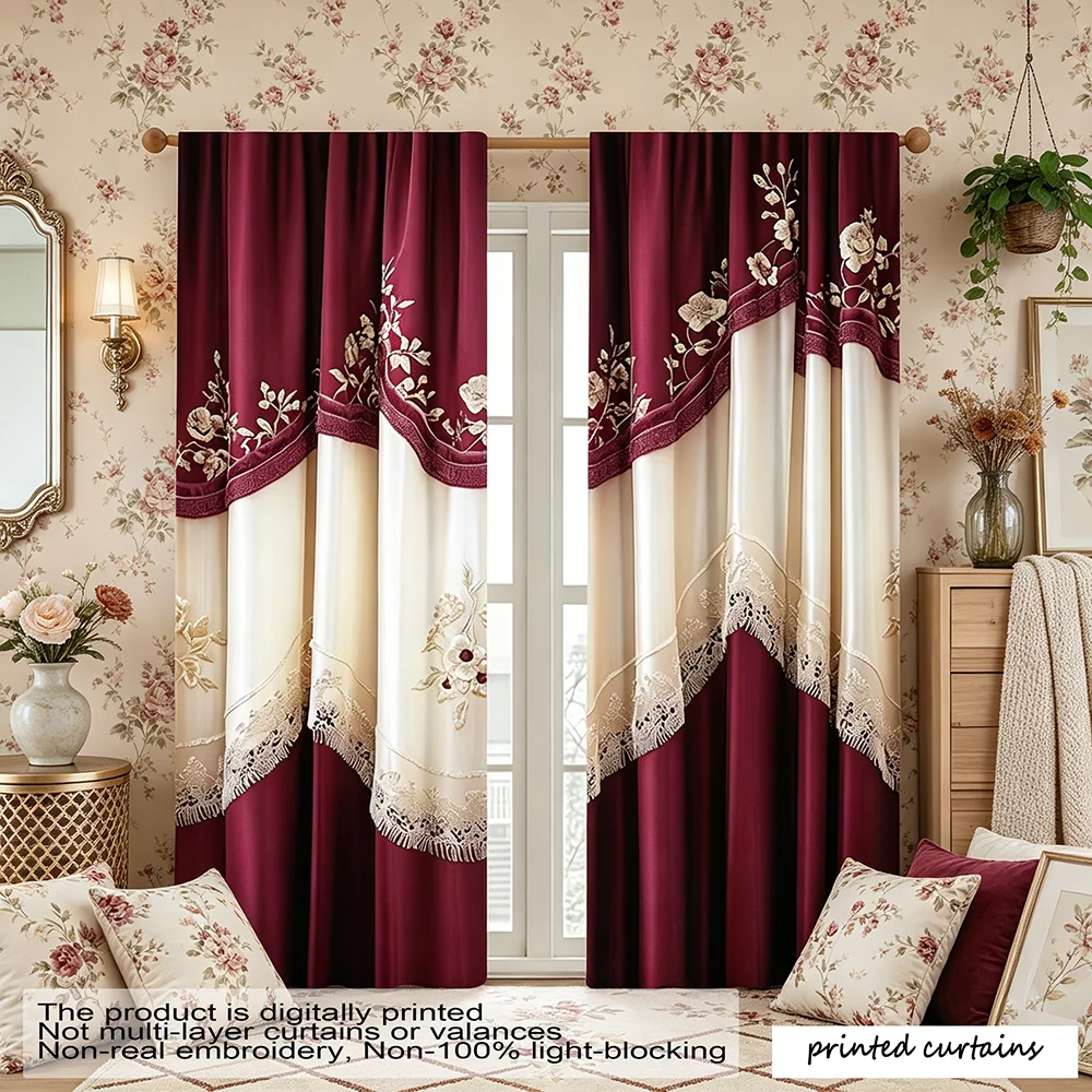 Home Decor Window Blinds - 2枚組デジタルプリントカーテン、ワインレッドとライスホワイトの拼接レース花柄プリント、レトロで軽やかな高級感のあるヨーロピアンスタイル