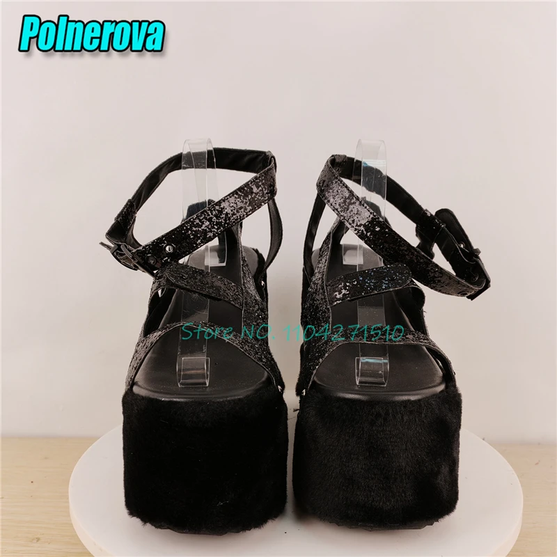 Black Glossy Leather Belt Buckle Strap Gladiator Sandals for Women Chunky Platform Wedge Round Toe High Heels Y2K Casual Shoes view 4