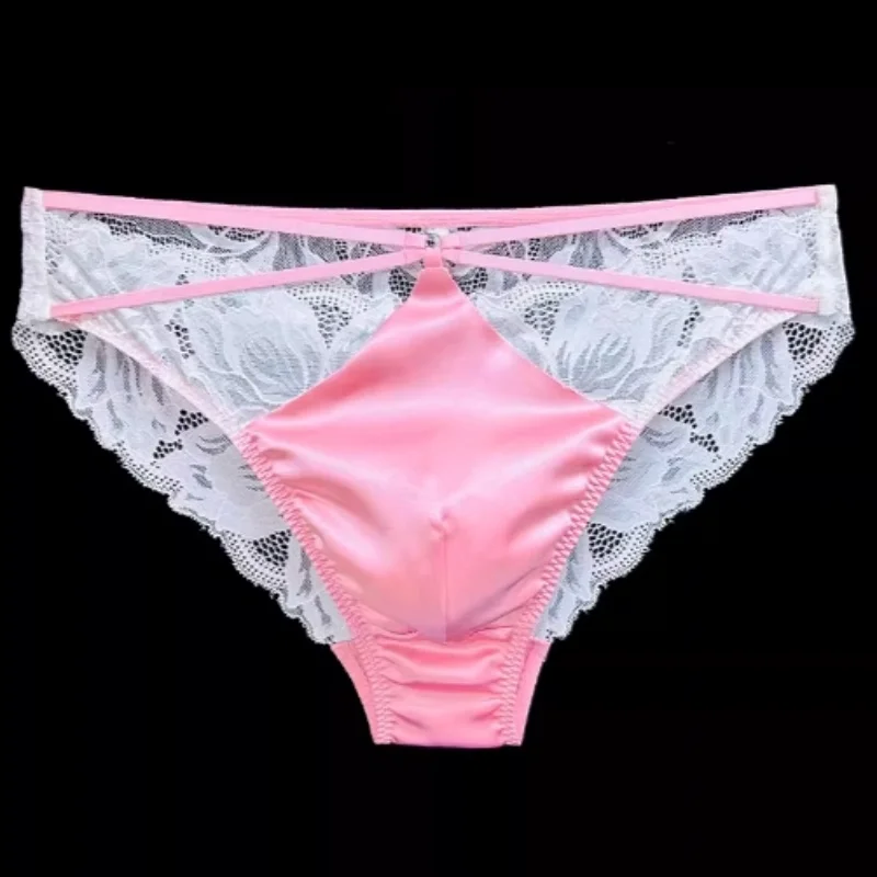 

Men's Sexy Briefs Mulberry Silk Breathable Mid Rise Seamless Trunks Lace Trim Pure Silk Transparent Erotic Underwear Sissy Panty