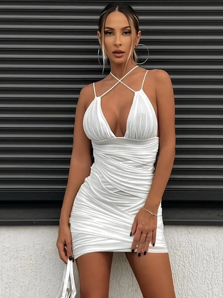 VC Summer Beach Mini Dresses Women Sexy V Neck Draped Mesh Spaghetti Strap Dress Back With Zipper Vestido