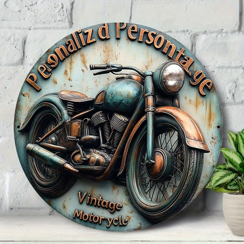 Vintage Motorrad Metall Wandschild, 3D Runde Aluminiumkunst, personalisierte Garage Dekor für Home Cafe Studio, klassisches grünes Kupfer