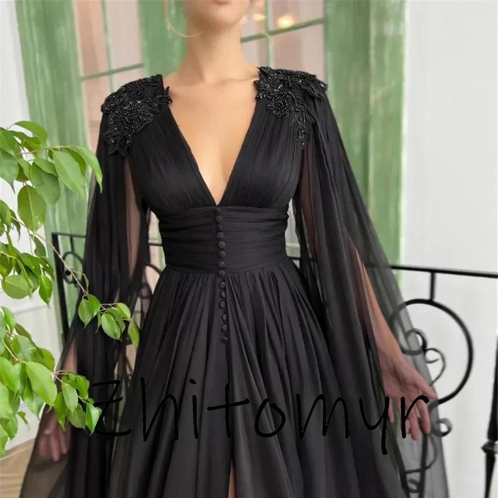 Customized Fashion Pleat elegant V-neck Evening Dress A-line Floor Length Tulle Party Gowns Lace Appliques Black Prom Dresses