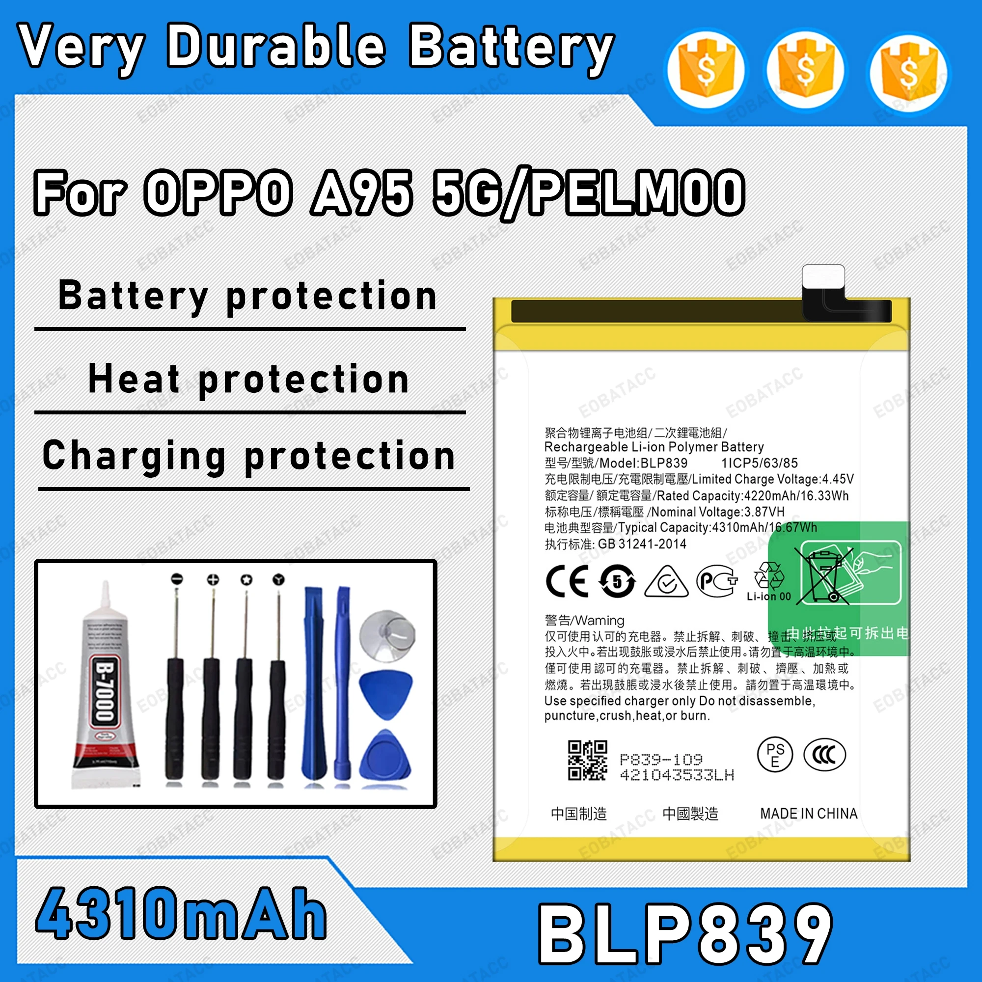

4310mAh 100% New BLP839 Battery For OPPO A95 5G Replacement Bateria+Free Tools