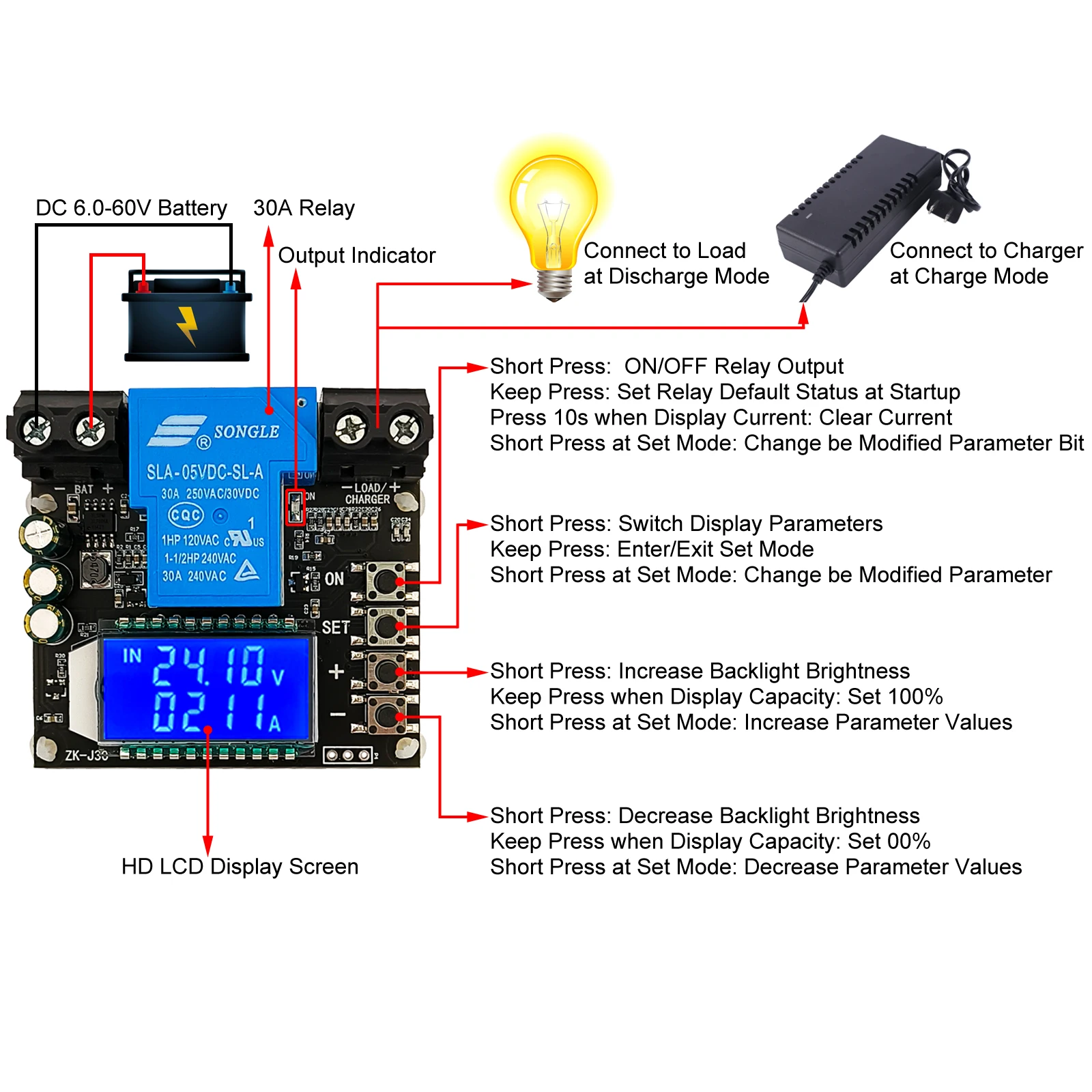 Battery Charge Discharge Controller Low Voltage Cut Off Switch Coulometer Battery Voltage Monitor Protection 30A 6V-60V LCD