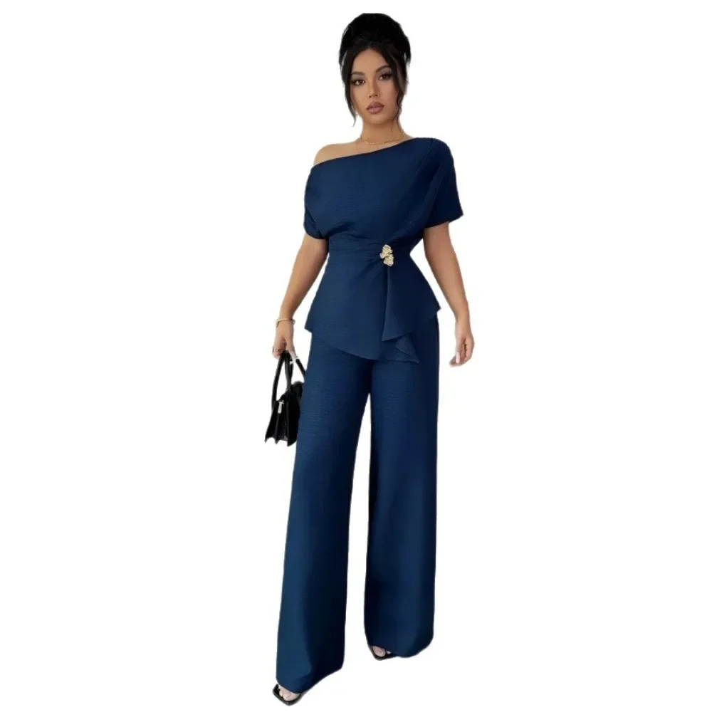 Women One Shoulder Twist Knot Top Wide Leg Pants 2 Piece Set Metal Accent Casual Soft Breathable Flattering Daily Street Comfy
