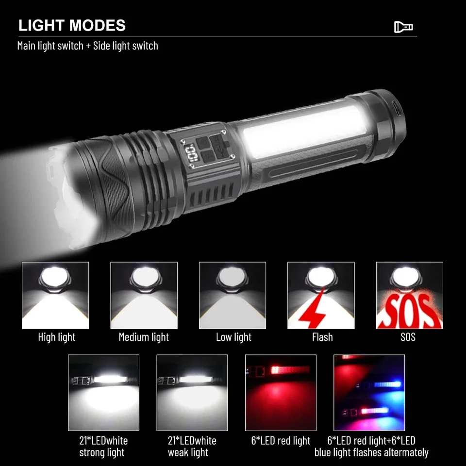 Built-in Battery Rechargeable Emergency Spotlight 4km 10000LM 800W Most Powerful LED Telescopic Zoom Flashlight Light SOS Light