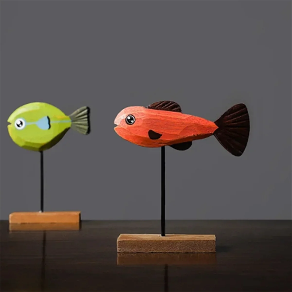 ABNH Statue de poisson en bois décorations nordiques pour la maison Sculpture de poisson ornements salon chambre Restaurant décoration C