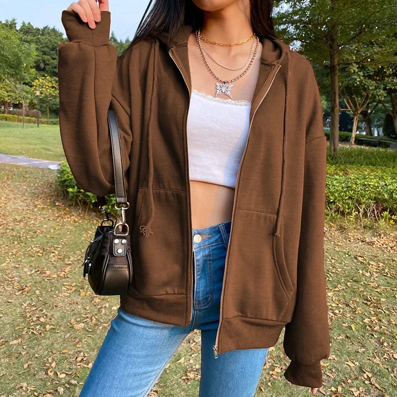 Brown Purple Black Zip Hooded Sweatshirt Winter Jacket Top Oversized Hoodie Retro Pocket Woman Clothes Long Sleeve Pullover