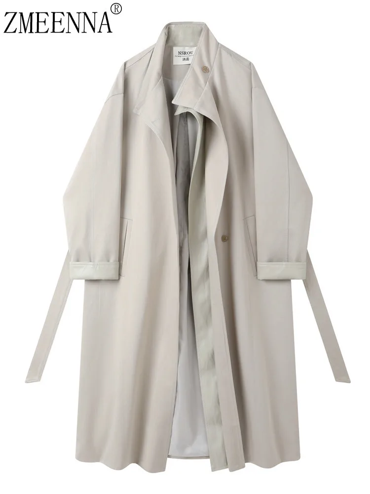 

ZMEENNA Womens Beige Trench Coat Long Sleeve Belted Minimalist Jacket With High Collar Cuff Details Fall Outwear ZM4285