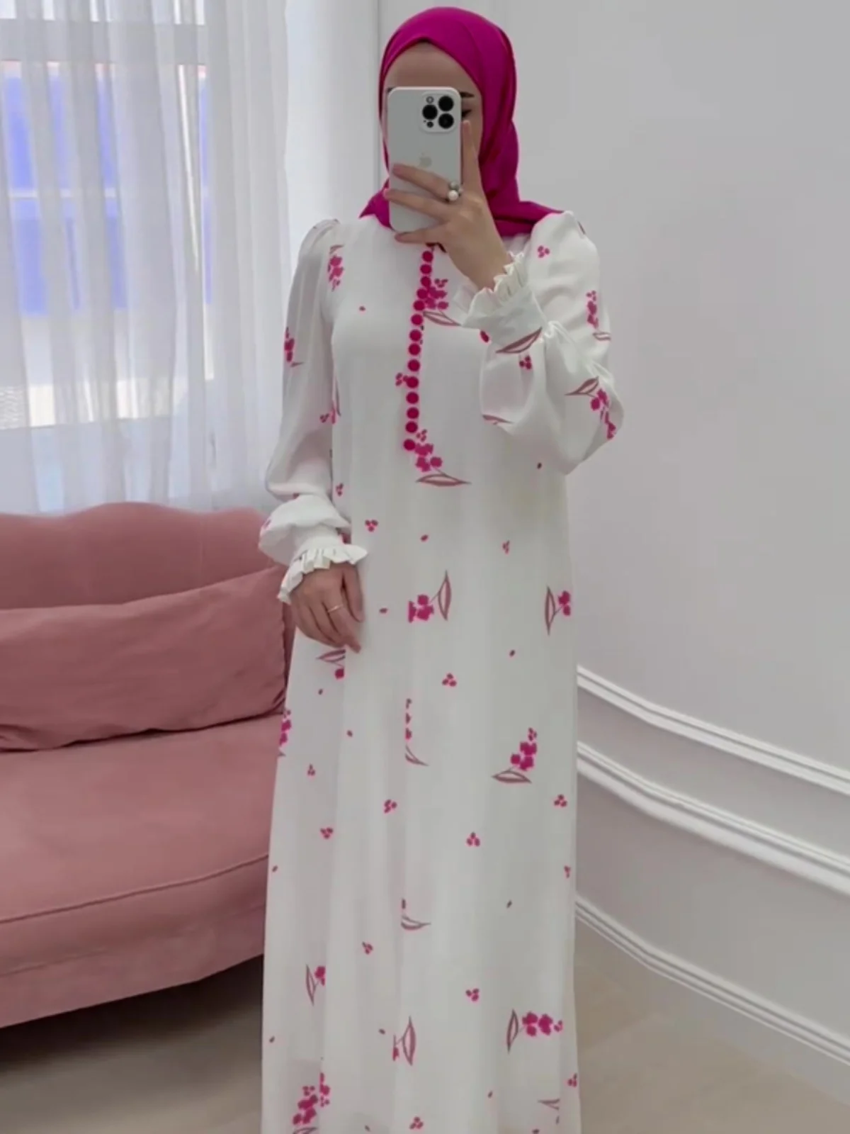 

Floral Print Long Waist-Cinching Dr Women's Spring New Sle Loose Vintage Gentle Skirt French Sle round Ne Long Sve