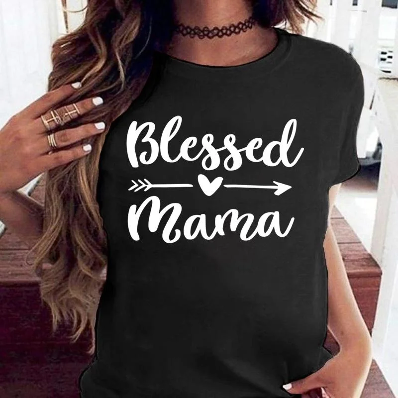 

Fashion Mother'S Day Blessed Mama Print T-Shirt Soft Print Top Women Tee Clothing Casual O-Neck Short Sleeve