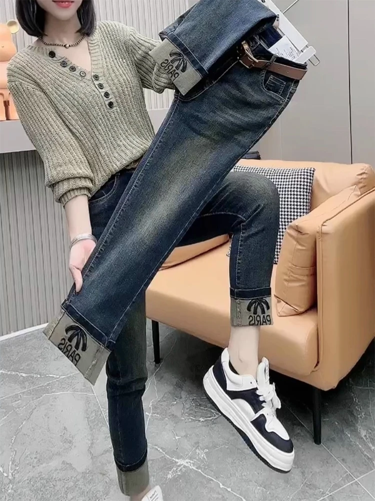 

2025 новые джинсы, осенне-зимние модные повседневные джинсовые брюки с высокой талией, женские эластичные тонкие укороченные прямые брюки больших размеров