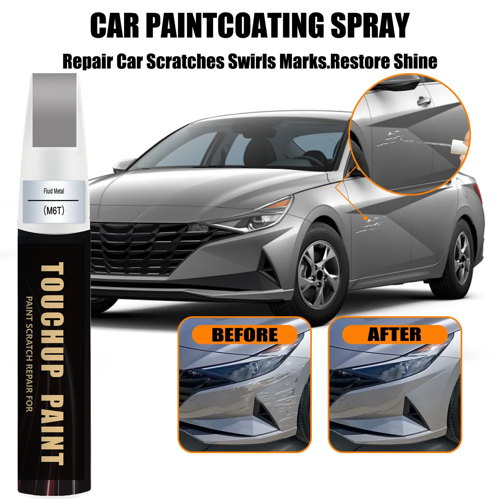 Car Touch up Paint(M6T Fluid Metal) Compatible with Hyundai, Car Paint Pen Scratch Repair Two-In-One Touch Up Paint