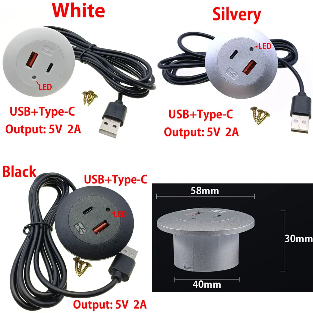 USB+Type-C Multi Port Desktop Embedded Charging Connector 5V 2A/3A For Mobile Phone USB Desk Data Line Splitter Charging Socket