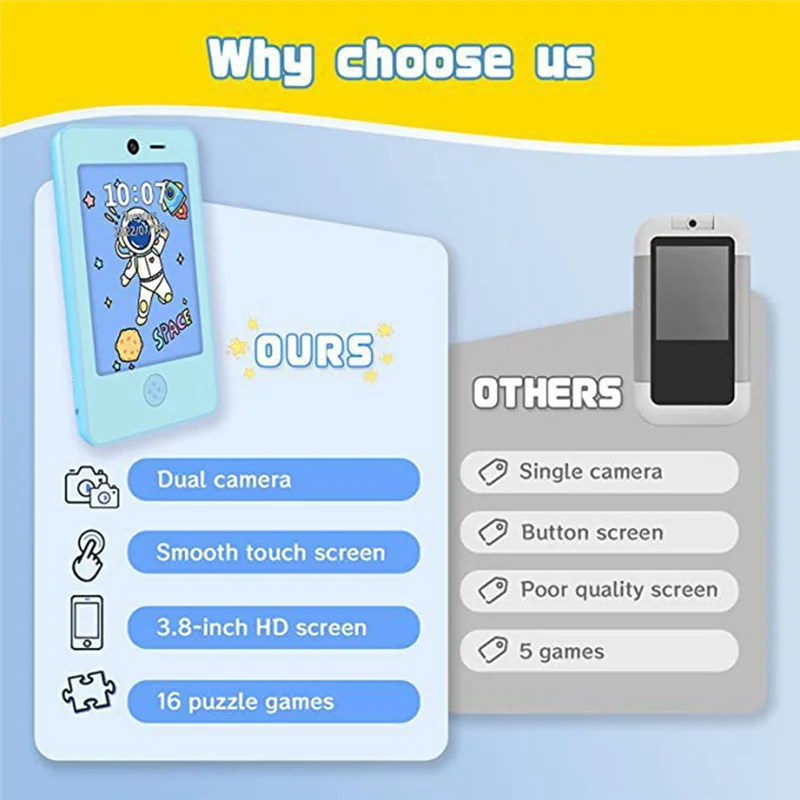 ABSQ-هاتف ذكي للأطفال الصغار بشاشة لمس 3.8 بوصة للأولاد والبنات مع كاميرا ومشغل موسيقى ومسجل صوت وعداد الخطى