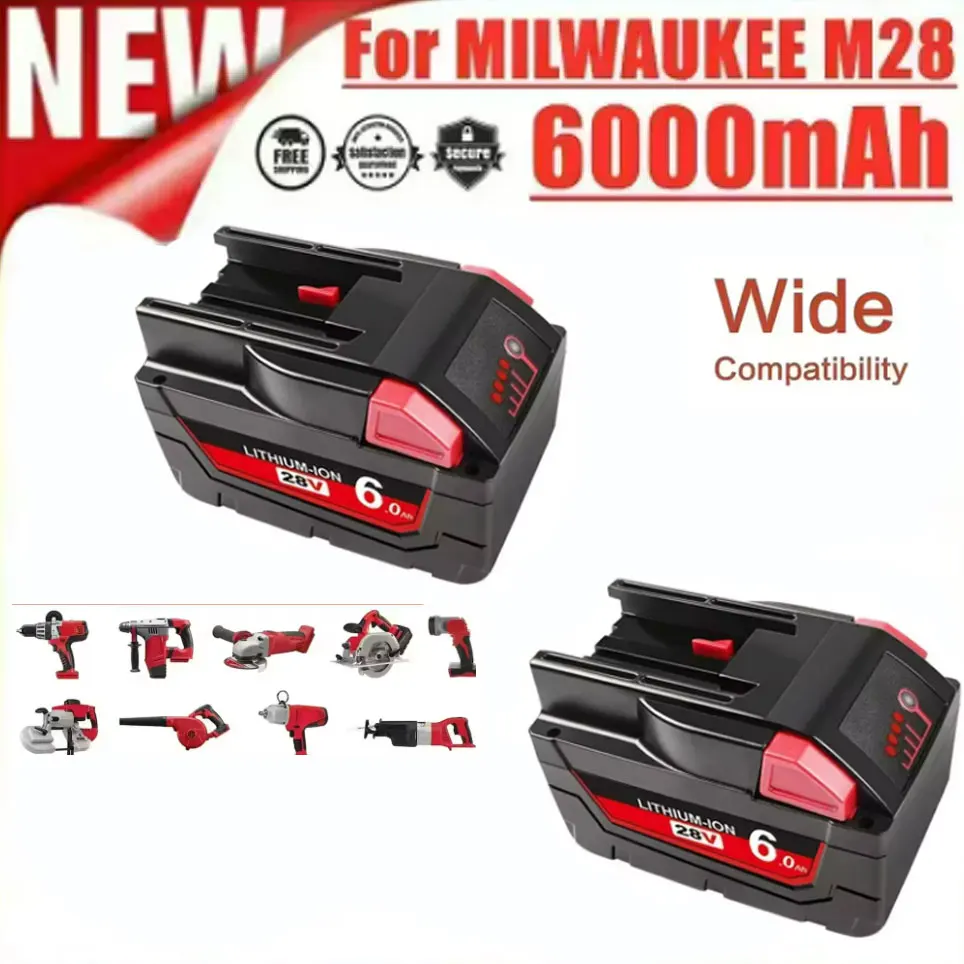 

28V 6Ah Li-Ion Battery For MILWAUKEE M28 V28 M28BX M28B 48-59-2819 0730-20 Power Tool 48-11-2830 W/ LED Gauge