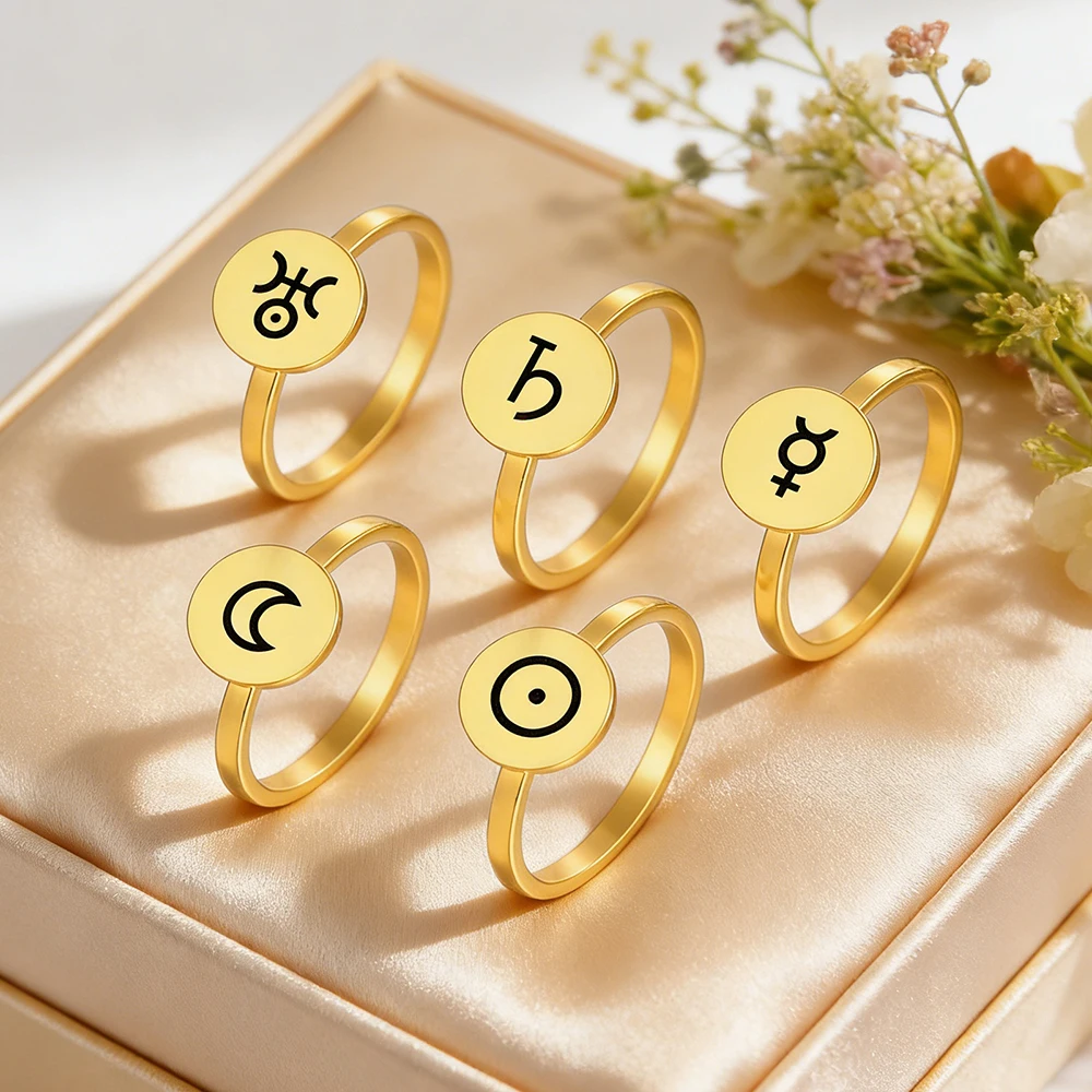 Dawapara Alchemical Planet Symbols Finger Ring for Men Women Laser Engraving Good Luck Amulet Stainless Steel Astronomer Gift