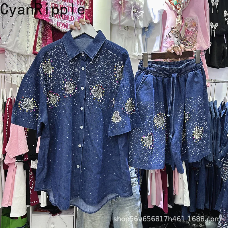 

New Spring Summer Women Two-piece Set Love Diamonds Short Sleeve Loose Denim Shirt Top + Elastic Waist Wide Leg Straight Shorts