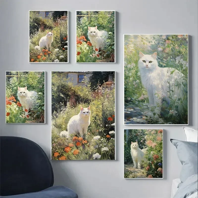 Little Cats in the Flower Bushes Cute Wall Art Minimalist Print Canvas Painting for Living Room Modern Posters Home Decor